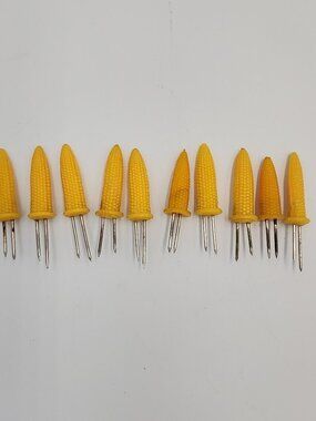 Lot of 10 Unbranded Corn Cob Forks Holders Appetizer Design Mini Yellow Vintage